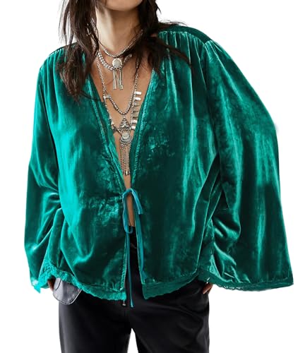 R.Vivimos Herbst Winter Damen Samtjacken Langarm Warme Jacke Vintage Freizeitjacke Kragenlos Lace Kurze Cardigan(L,Dunkelgrün) von R.Vivimos