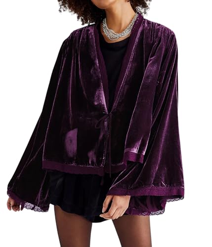 R.Vivimos Herbst Winter Damen Samtjacken Langarm Warme Jacke Vintage Freizeitjacke Kragenlos Lace Kurze Cardigan(L,Dunkelviolett) von R.Vivimos