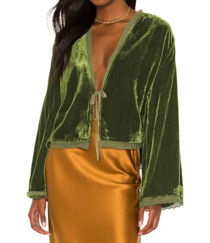 R.Vivimos Herbst Winter Damen Samtjacken Langarm Warme Jacke Vintage Freizeitjacke Kragenlos Lace Kurze Cardigan(S,ArmeeGrün) von R.Vivimos