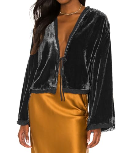 R.Vivimos Herbst Winter Damen Samtjacken Langarm Warme Jacke Vintage Freizeitjacke Kragenlos Lace Kurze Cardigan(S,Schwarz) von R.Vivimos