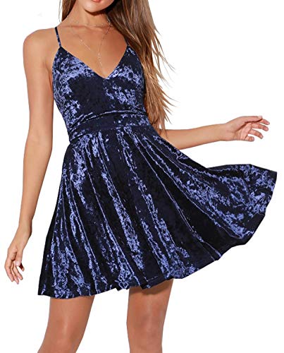 R.Vivimos Herbst Winter Damen Spaghettiträger V-Ausschnitt Samt Kleid Ärmellos A Linie Swing Mini Skaterkleid(M,Dunkelblau) von R.Vivimos