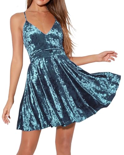 R.Vivimos Herbst Winter Damen Spaghettiträger V-Ausschnitt Samt Kleid Ärmellos A Linie Swing Mini Skaterkleid(L,Blau) von R.Vivimos