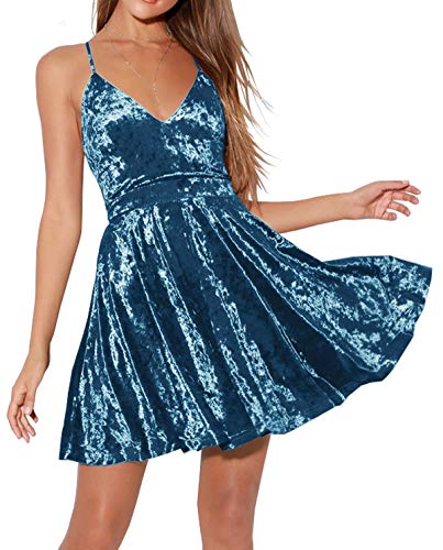 R.Vivimos Herbst Winter Damen Spaghettiträger V-Ausschnitt Samt Kleid Ärmellos A Linie Swing Mini Skaterkleid (Blau, S) von R.Vivimos