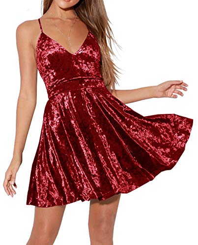 R.Vivimos Herbst Winter Damen Spaghettiträger V-Ausschnitt Samt Kleid Ärmellos A Linie Swing Mini Skaterkleid(M,Rot) von R.Vivimos