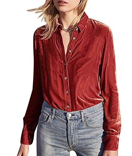 R.Vivimos Herbst Winter Frauen lässig Langarm V Hals Blusen Button Down Samt Sexy Tops Hemden mit Tasche(Small,Rot) von R.Vivimos