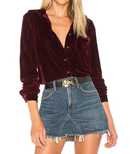 R.Vivimos Herbst Winter Damen Lässig Langarm V Ausschnitt Blusen Button Down Samt Sexy Tops Hemd mit Tasche(M,Weinrot) von R.Vivimos