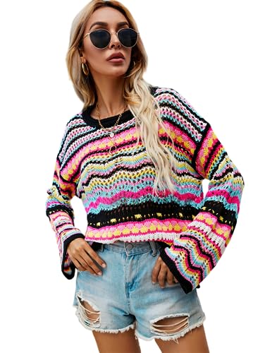 R.Vivimos Herbst Winter Lässig Langarm Rundhals Pullover Hollow Out Strickpullover Für Frauen Oversize Cropped Pullover(M,Multi-Schwarz) von R.Vivimos