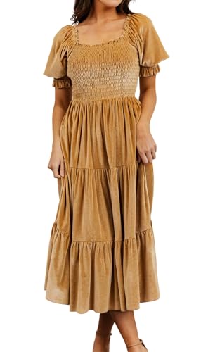 R.Vivimos Herbst Winter Puffärmel Samtkleid Square Neck Smock A Linie Vintage Midikleid Flowy Rüschen Langes Kleid(M,Gold) von R.Vivimos