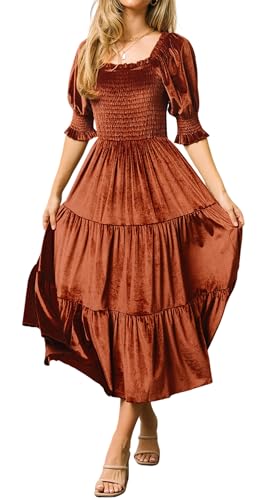 R.Vivimos Herbst Winter Puffärmel Samtkleid Square Neck Smock A Linie Vintage Midikleid Flowy Rüschen Langes Kleid(M,Rostbraun) von R.Vivimos