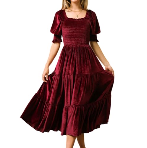 R.Vivimos Herbst Winter Puffärmel Samtkleid Square Neck Smock A Linie Vintage Midikleid Flowy Rüschen Langes Kleid(M,Weinrot) von R.Vivimos