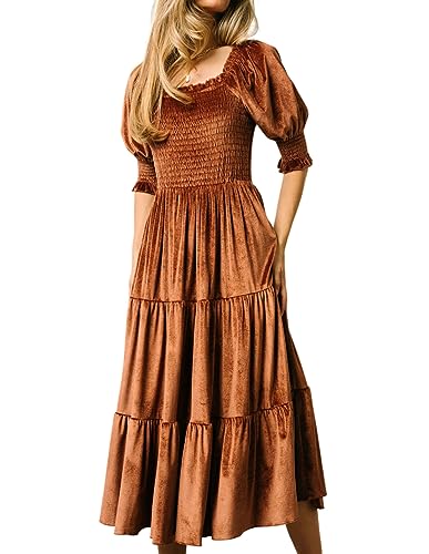 R.Vivimos Herbst Winter Puffärmel Samtkleid Square Neck Smock A Linie Vintage Midikleid Flowy Rüschen Langes Kleid(S,Braun) von R.Vivimos