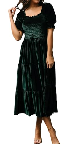 R.Vivimos Herbst Winter Puffärmel Samtkleid Square Neck Smock A Linie Vintage Midikleid Flowy Rüschen Langes Kleid(XL,Dunkelgrün) von R.Vivimos