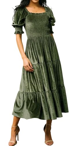 R.Vivimos Herbst Winter Puffärmel Samtkleid Square Neck Smock A Linie Vintage Midikleid Flowy Rüschen Langes Kleid(XL,Heeresgrün) von R.Vivimos