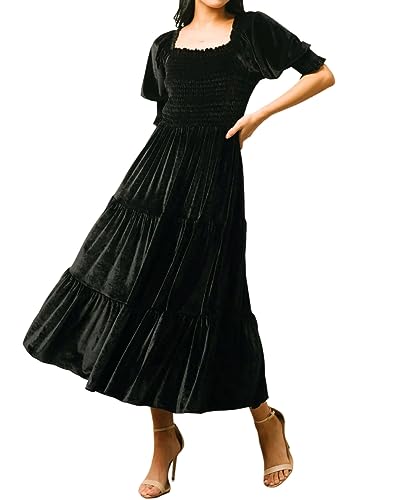 R.Vivimos Herbst Winter Puffärmel Samtkleid Square Neck Smock A Linie Vintage Midikleid Flowy Rüschen Langes Kleid(XL,Schwarz) von R.Vivimos