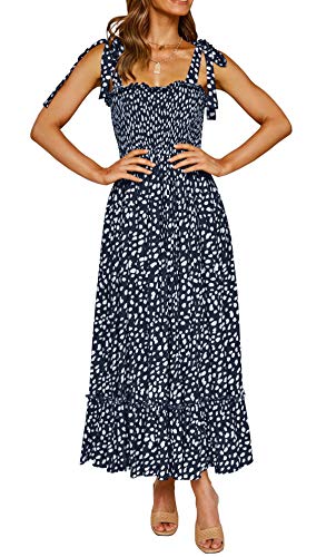 R.Vivimos Neue Sommermode Boho Rüschen Spaghettiträger Ärmelloses Strandkleid mit Tupfenmuster (Navyblau, M) von R.Vivimos