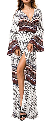 R.Vivimos Sommer Boho Damen Sexy Tiefem V-Ausschnitt Langes Kleid Kurzarm Wickeln Rüschen Strand Maxikleid(XL,Braun) von R.Vivimos