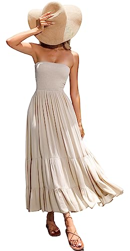 R.Vivimos Sommer Boho Trägerloses Bandeau Shirred Rüschen Tube A Linie Maxikleid(Large,Khaki#2) von R.Vivimos