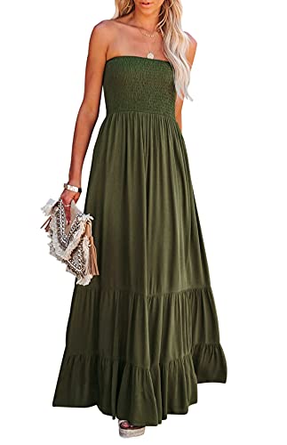 R.Vivimos Sommer Boho Trägerloses Bandeau Shirred Rüschen Tube A Linie Maxikleid(S,Armeegrün#2) von R.Vivimos