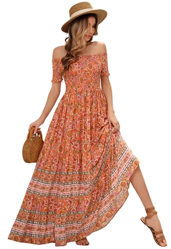 R.Vivimos Sommer Damen Boho Blumen Print Off Shoulder Langes Kleid Kurzarm Smock Maxi Strandkleid(M,Orange) von R.Vivimos