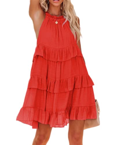 R.Vivimos Sommer Damen Boho Neckholder Ärmelloses Strand Kurzes Kleid Cut Out Rüschen A Linie Hawaii Mini Kleid Mit Taschen(Medium,Orange) von R.Vivimos