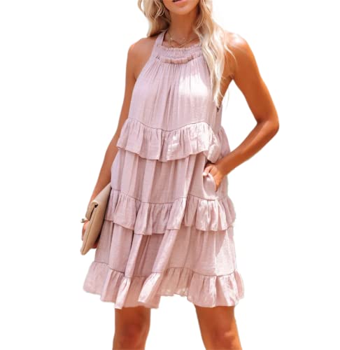 R.Vivimos Sommer Damen Boho Neckholder Ärmelloses Strand Kurzes Kleid Cut Out Rüschen A Linie Hawaii Mini Kleid Mit Taschen(Medium,Rosa) von R.Vivimos