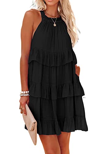 R.Vivimos Sommer Damen Boho Neckholder Ärmelloses Strand Kurzes Kleid Cut Out Rüschen A Linie Hawaii Mini Kleid Mit Taschen(Medium,Schwarz) von R.Vivimos