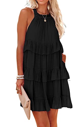 R.Vivimos Sommer Damen Boho Neckholder Ärmelloses Strand Kurzes Kleid Cut Out Rüschen A Linie Hawaii Mini Kleid Mit Taschen(Small,Schwarz) von R.Vivimos