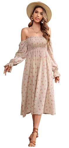 R.Vivimos Sommer Damen Boho Puffärmel Schulterfreies Rüschen Midikleid Rückenfreies A Linie Strand Langes Kleid(XL,Beige-Blumen) von R.Vivimos