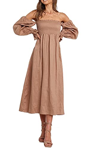 R.Vivimos Sommer Damen Boho Puffärmel Schulterfreies Rüschen Midikleid Rückenfreies A Linie Strand Langes Kleid(XLarge,Braun) von R.Vivimos