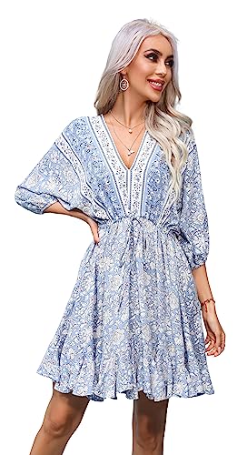 R.Vivimos Sommer Damen Boho Sexy Rückenfreies Strand Kurzes Kleid V Ausschnitt Blümchen A-Linie Swing Hawaii Urlaub Mini Kleid(S,Hellblau) von R.Vivimos