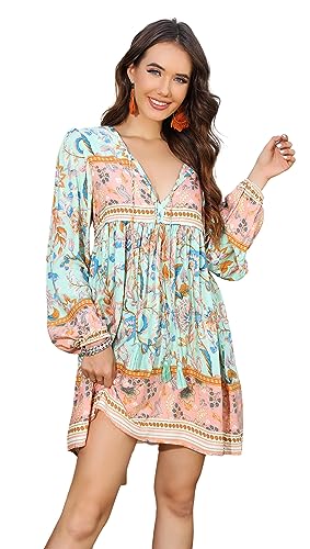 R.Vivimos Sommer Damen Casual Bohemian Print Halsbindung Langarm Beach Style Lose T-Shirts Kleid(M,Aqua) von R.Vivimos