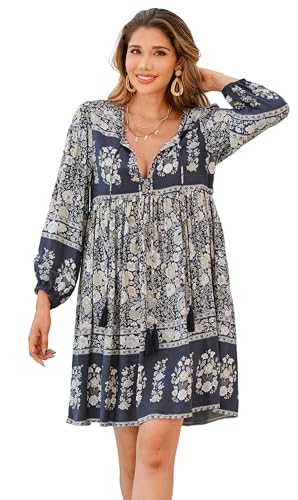 R.Vivimos Sommer Damen Casual Bohemian Print Halsbindung Langarm Beach Style Lose T-Shirts Kleid(M,Rauchschwarz) von R.Vivimos
