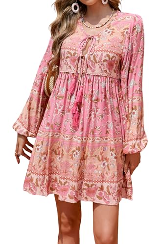 R.Vivimos Sommer Damen Casual Bohemian Print Halsbindung Langarm Beach Style Lose T-Shirts Kleid(M,Hell-Pink#2) von R.Vivimos