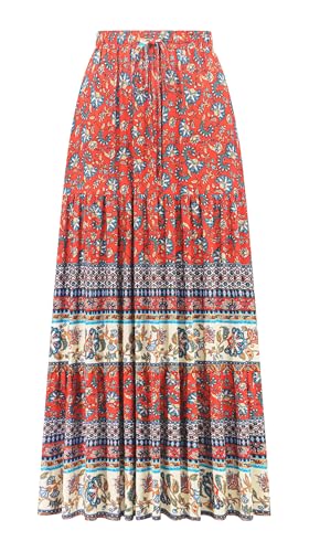 R.Vivimos Sommer Damen Freizeit Boho Blumen Strand Maxi Rock A Line Baumwolle Lange Röcke(L,AuroraRot) von R.Vivimos