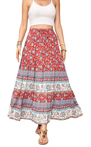 R.Vivimos Sommer Damen Freizeit Boho Blumen Strand Maxi Rock A Line Baumwolle Lange Röcke(M,AuroraRot) von R.Vivimos
