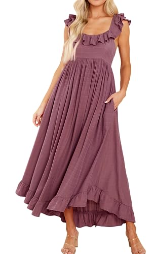 R.Vivimos Sommer Damen Sexy Boho Rückenfreies Strand Langes Kleid Quadratischem Ausschnitt Cut Out Rüschen Hawaii Midikleid(S,DunkleRose) von R.Vivimos