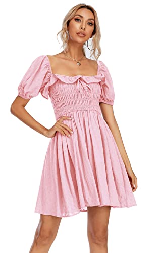 R.Vivimos Sommer Lässig A-Linie Print Puffärmel Rüschen Saum Vierkantausschnitt Hohe Taille Mini Swing Kleid(Small,Rosa) von R.Vivimos