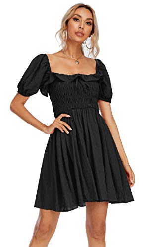 R.Vivimos Sommer Lässig A-Linie Print Puffärmel Rüschen Saum Vierkantausschnitt Hohe Taille Mini Swing Kleid(Small,Schwarz) von R.Vivimos