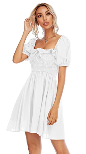 R.Vivimos Sommer Lässig A-Linie Print Puffärmel Rüschen Saum Vierkantausschnitt Hohe Taille Mini Swing Kleid(Small,Weiß) von R.Vivimos