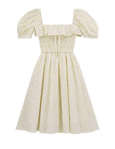 R.Vivimos Sommer Lässig A-Linie Print Puffärmel Rüschen Saum Vierkantausschnitt Hohe Taille Mini Swing Kleid(Medium,Beige) von R.Vivimos