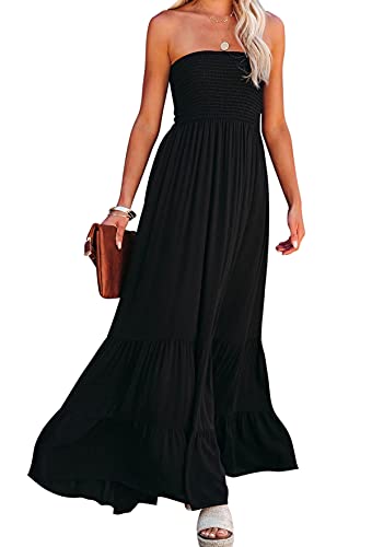 R.Vivimos Sommer Boho Trägerloses Bandeau Shirred Rüschen Tube A Linie Maxikleid(Large,Schwarz#2) von R.Vivimos