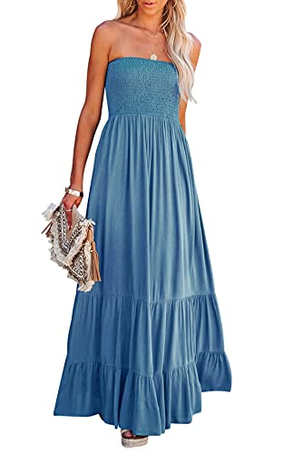R.Vivimos Sommer Boho Trägerloses Bandeau Shirred Rüschen Tube A Linie Maxikleid(M,Blau#2) von R.Vivimos
