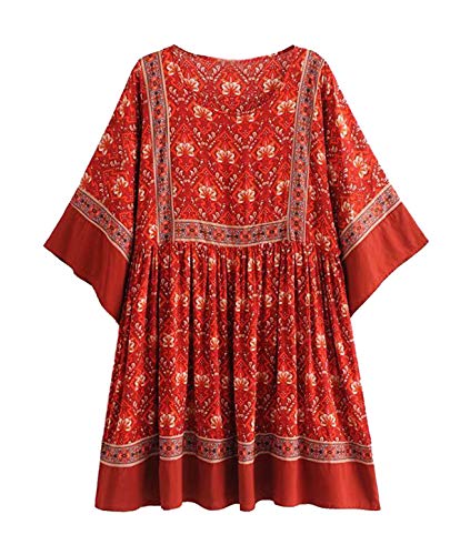 R.Vivimos Womens Boho Strand Minikleid Sommerkleid Dame Fledermaus Ärmel Rundhals Lose Flowy Hemdkleid(Medium,Rot) von R.Vivimos