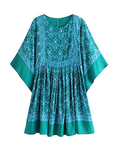 R.Vivimos Womens Boho Strand Minikleid Sommerkleid Dame Fledermaus Ärmel Rundhals Lose Flowy Hemdkleid(M,Grün) von R.Vivimos