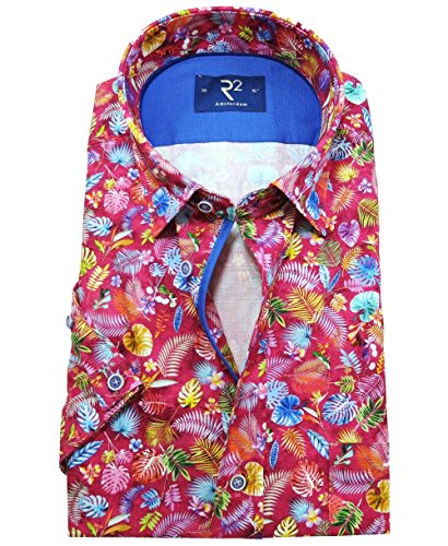 R2 Amsterdam Kurzarmhemd Modern Fit in Beere bunter Fancydruck Blätter Gr. 38 bis 48 101HBDSS40-073 (38) von R2 Amsterdam