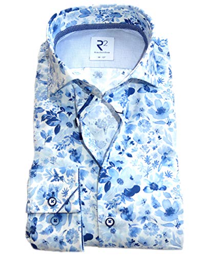 R2 Amsterdam Langarmhemd Modern Fit Weiss blau Floral Print extralanger Arm 72cm (46) von R2 Amsterdam