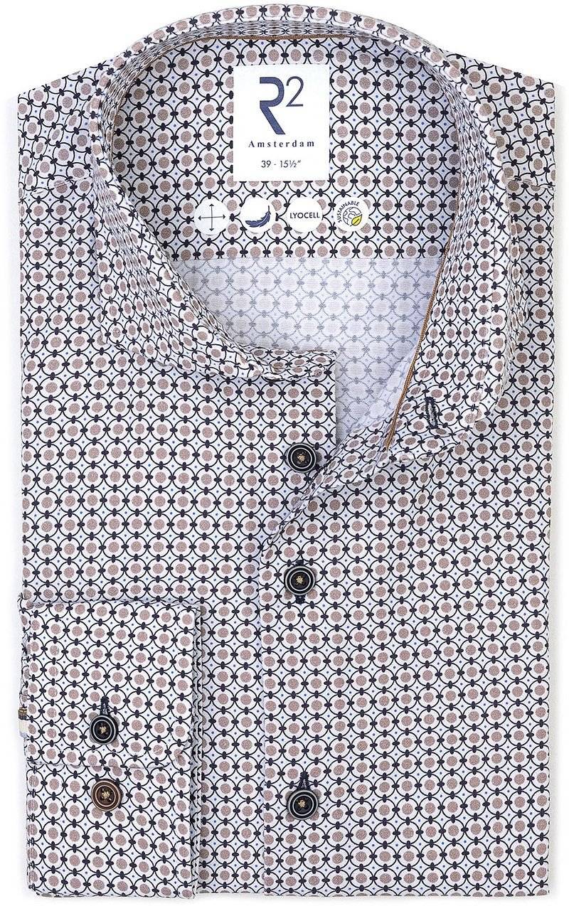 R2 Hemd Poplin Graphical Impression Beige Blau - Größe 39 von R2 Amsterdam