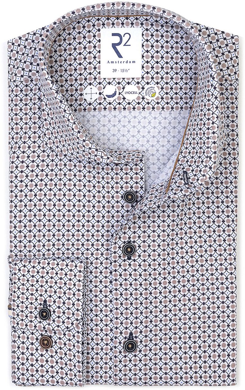 R2 Hemd Poplin Graphical Impression Beige Blau - Größe 46 von R2 Amsterdam