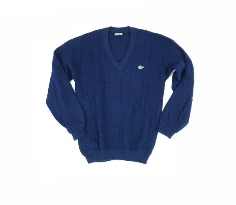 Lacoste Marineblauer Pullover Mit V-Ausschnitt Und Zopfmuster. Frankreich von RACQUETSOCIETY