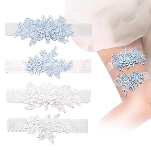 RAFIYU 4 Stück Strumpfband Hochzeit 2 Paar Brautstrumpfband,Hochzeit Strumpfbänder mit Spitze für Braut,Hochzeit Unterwäsche Accessoires für Hochwertig Geschenk Wedding(weiß +blau) von RAFIYU